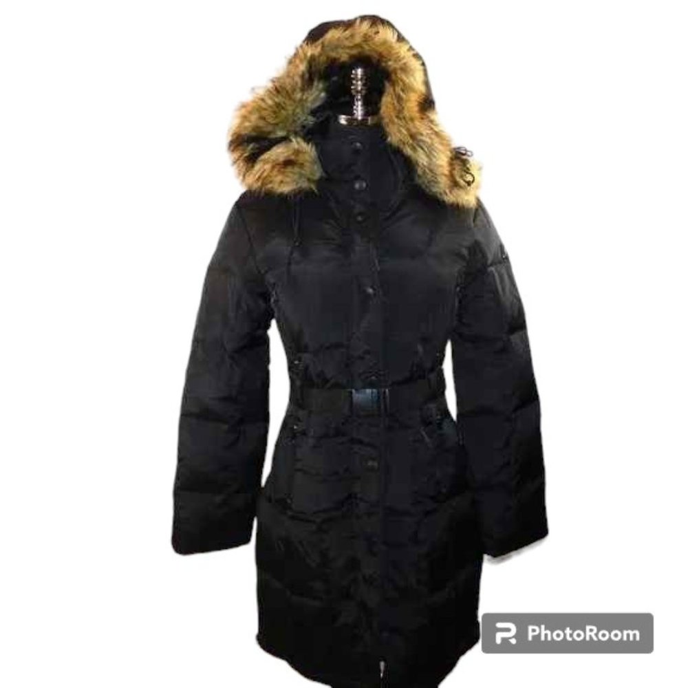 John Caruana Down Filled Puffer Coat Faux Raccoon Fur Lined Hood Size Medium